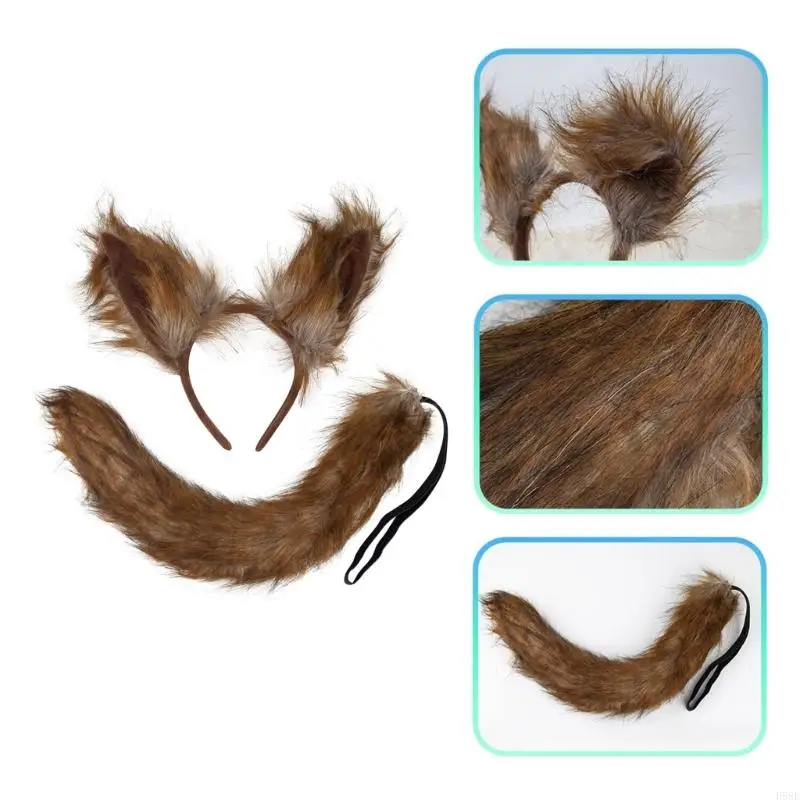 H58E Wolfschwanz mit Wolf Ohren Haarband Set Füchse Ohren Kopfbedecke Plüsch Tierschwanz Füchse Cosplay -Set Set