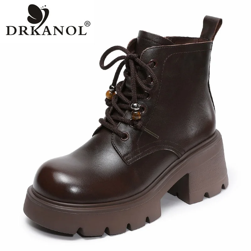 

DRKANOL 2025 Women High Heel Ankle Boots Spring Autumn Round Toe Genuine Cow Leather British Style Chunky Platform Casual Boots
