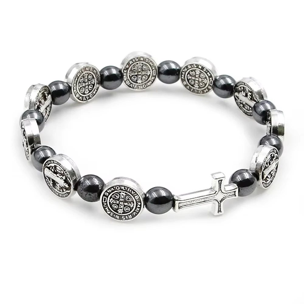 Fashion Catholic Rosary Bracelet St. Benedict Medal Cross Prayer Bracelets Hematite Beads Religion Jewelry Accessories