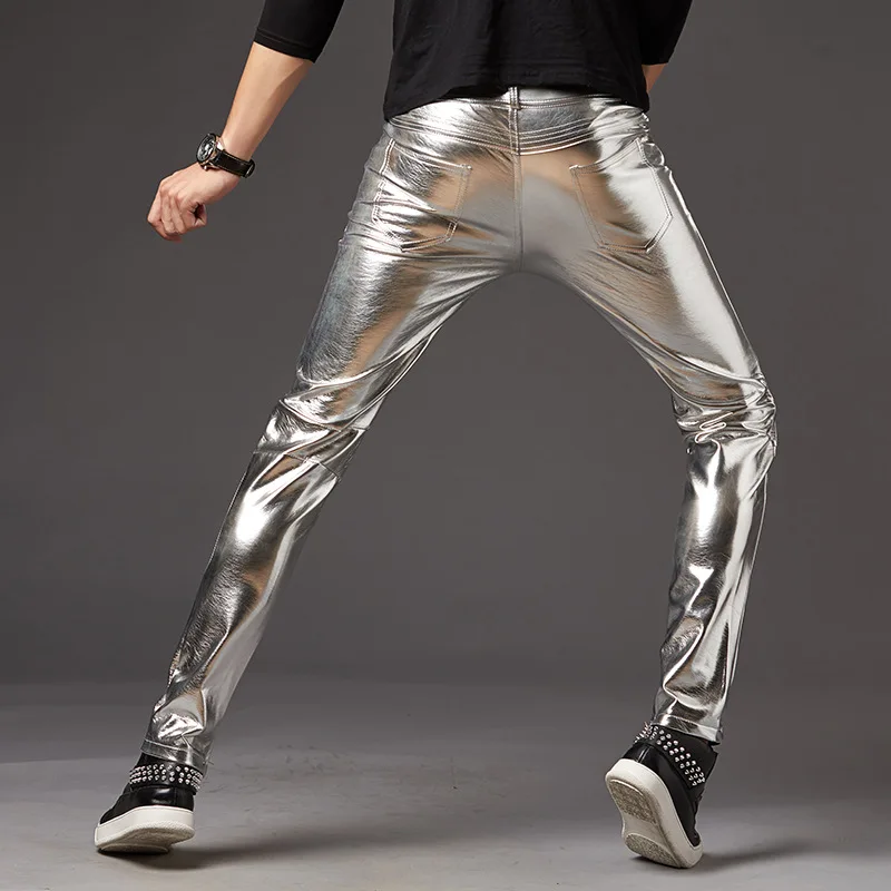 Autumn/Winter Men\'s Leather Pants Korean Slim Fit Feet Pants Stage Performance Men\'s Motorcycle Bright Silver Leather Pants