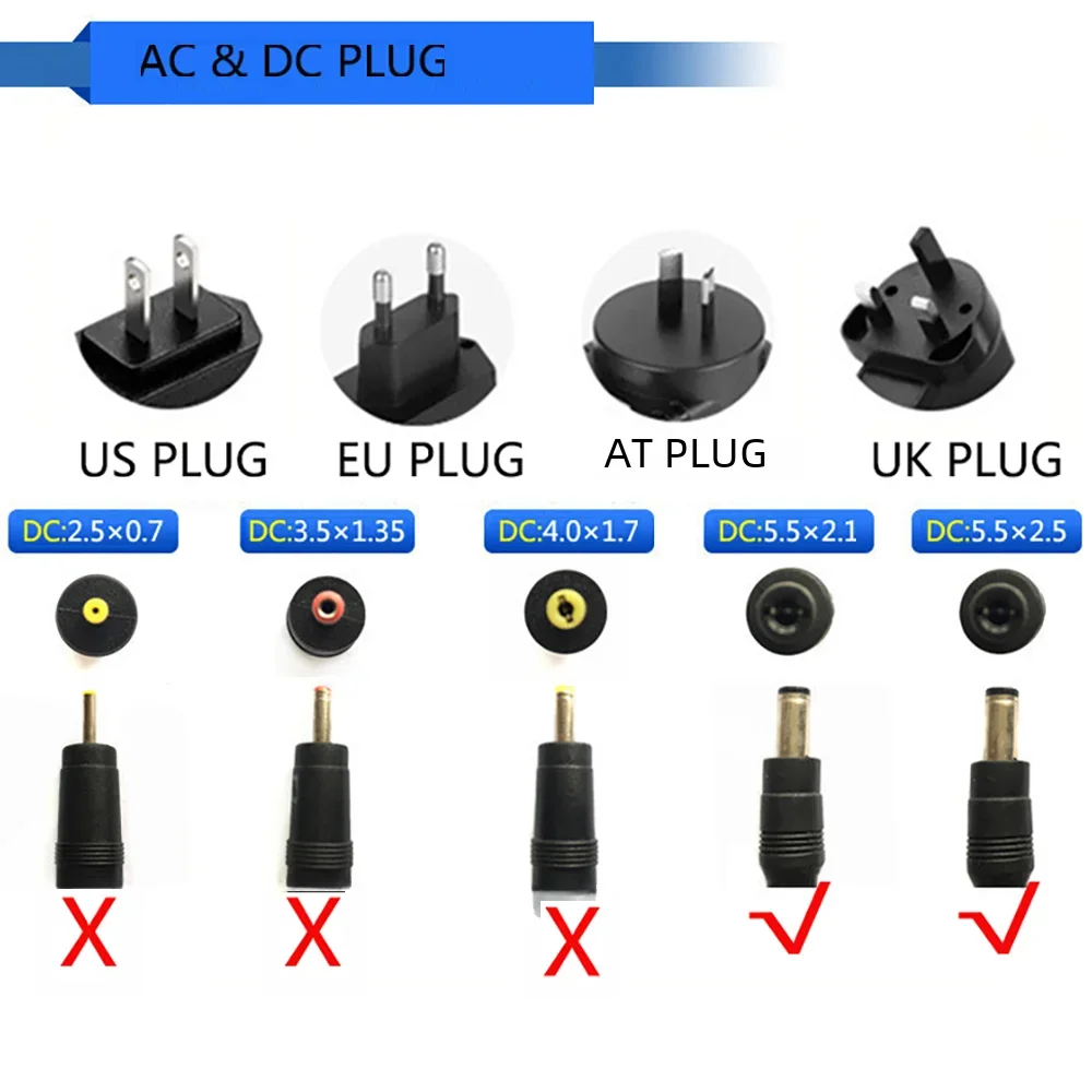 DC 5521 Plug Power Adapter, 3V, 5V, 6V, 9V, 12V, 15V, 18V, 24V, 1A, 1.5A, 2A, US, EU, AU, UK Standard
