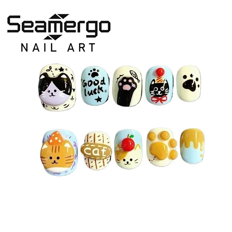 

24 шт. 3D накладные ногти с мультяшными рисунками, золотые и серебряные, короткие квадратные, для девочек, милые кошки, детский маникюр