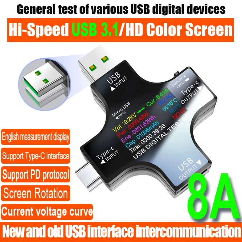 

‌ USB-тестер Type-C PD Цифровой измеритель емкости 8А Монитор напряжения и тока Детектор зарядного устройства Power Bank с быстрой зарядкой QC3.0
