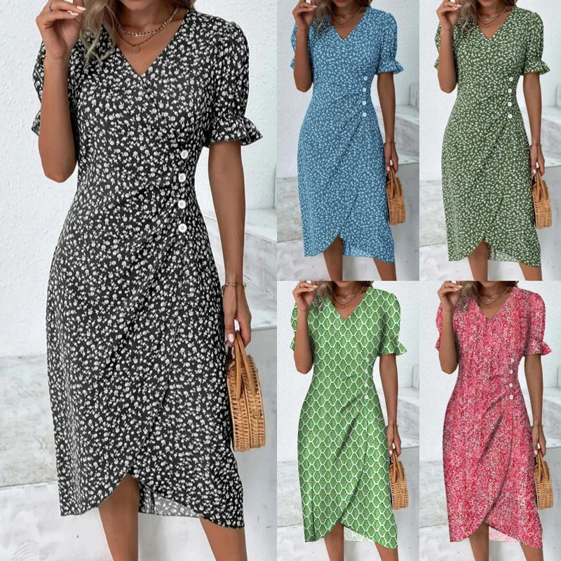 

Summer New Women's Floral Bubble Sleeve Dress Ladies V Neck Irregular Hem Dress Fashion Elegant High Waist Slim Dress