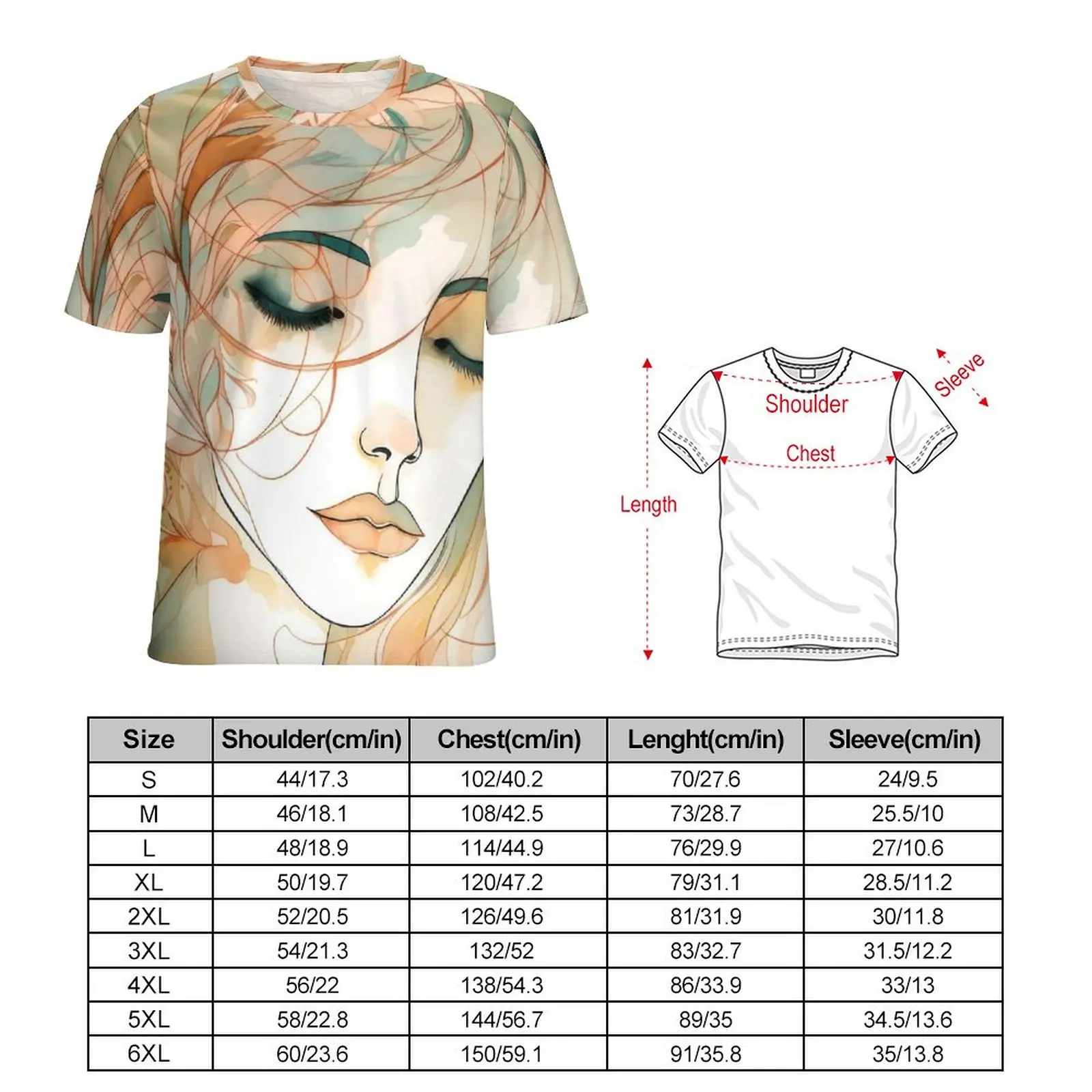 Womens T Shirt Lady Face Art O Neck T-Shirts Short Sleeves Ethereal Woman Retro Design Tops Simple Top Tees Big Size 5XL 6XL