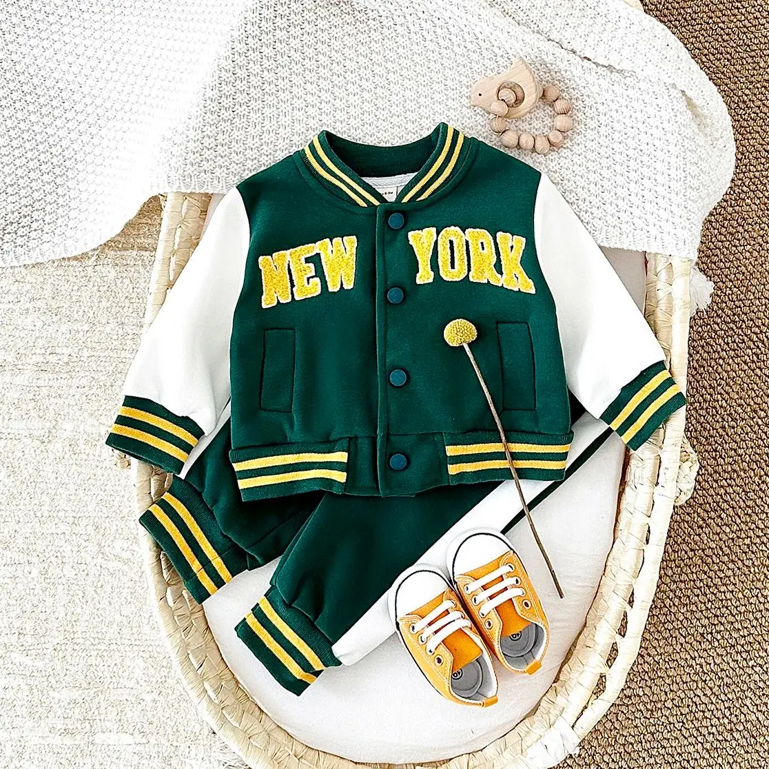 Newborn Baby 2024 Boys Girls Clothes Autumn New Embroidery New York Loose Coat Top+Thick Pants Set Fashionable Baseball Jacket