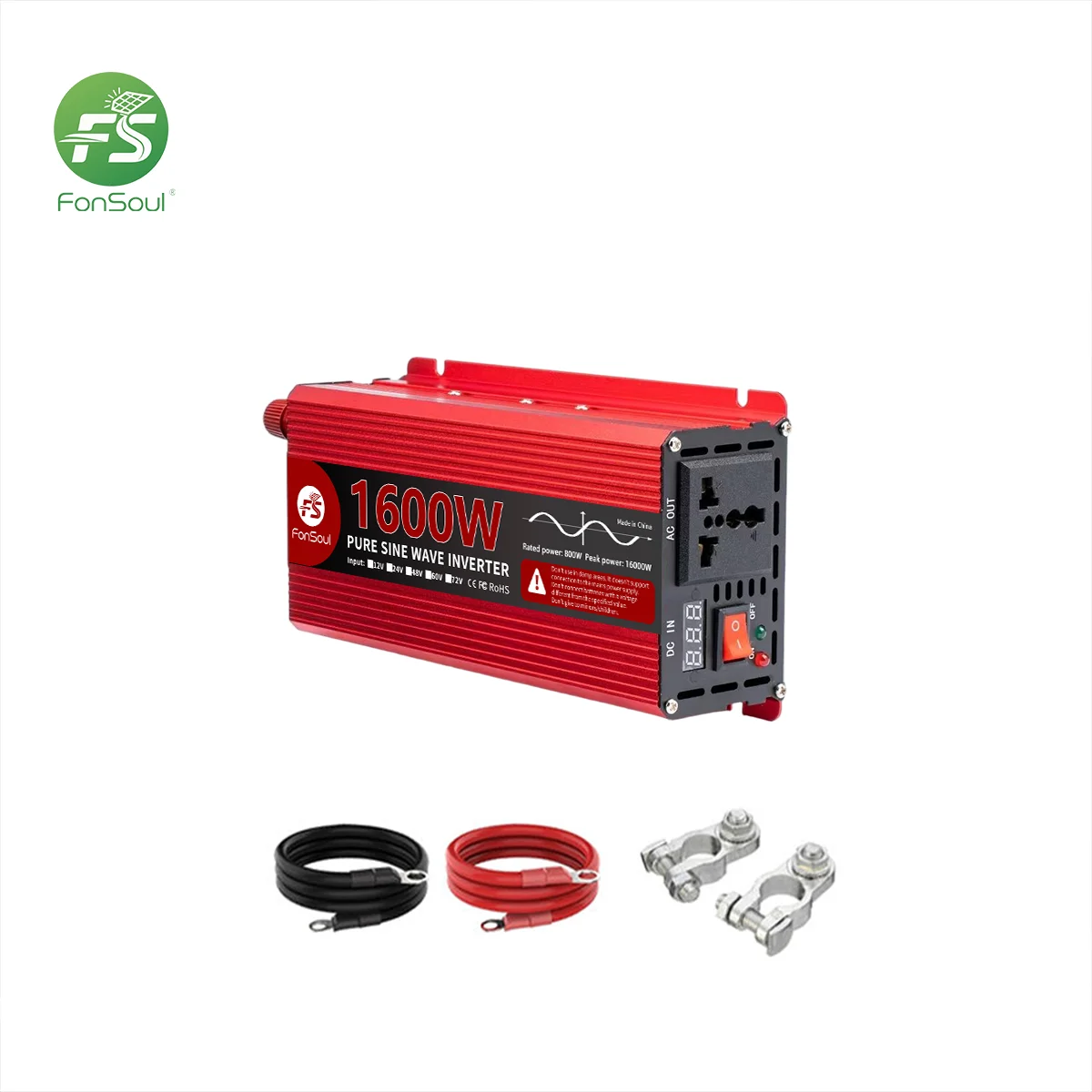 

Fonsoul Pure Sine Wave Solar Inverter AC 12V to DC 220V 110V 1600W Universal Socket for Solar Home Emergency Lighting Outdoor
