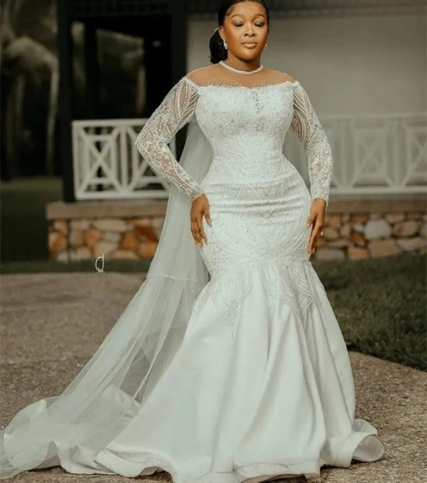 

Customized Arabic Aso Ebi Plus Size Mermaid Wedding Dresses With Long Sleeve Lace Beaded Bridal Gowns Robe De Marriage YMW13