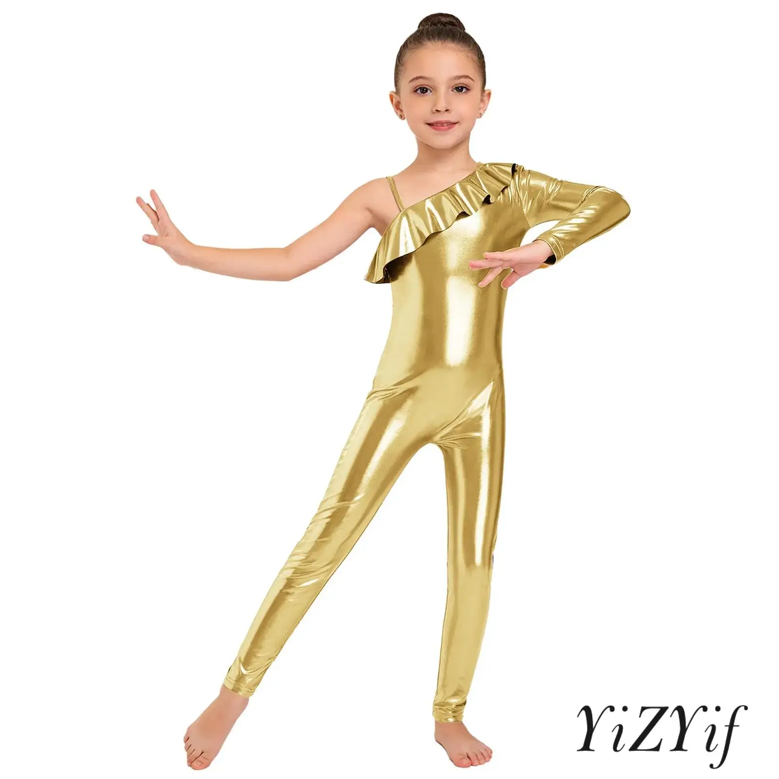 

Kids Girl Ballet Yoga Pilates Competition Bodysuit One Shoulder Long Sleeve Metallic Shiny Jumpsuit Stage Ballroom Dance Costume