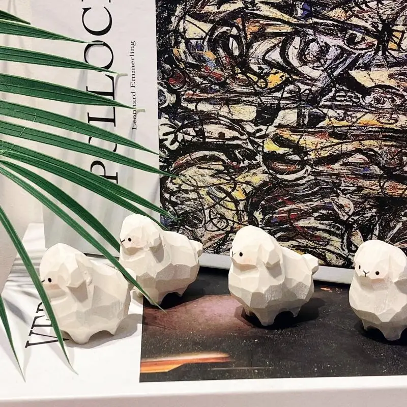1Pcs Handmade Wooden Sheep Ornament Unique Hand Carved Art Piece for Living Room Desktop Car Interior Decoration