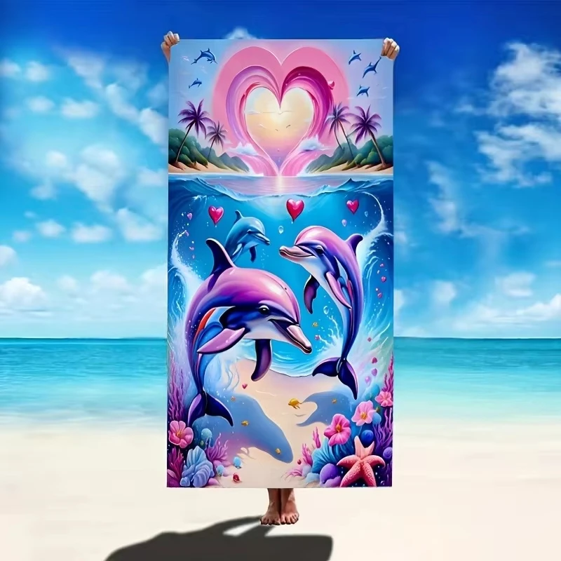 

1 шт. Романтическое пляжное полотенце «Дельфин и сердце»: полиэстер, 2D-принт, легкий быстросохнущий дизайн. Подарок унисекс для кемпинга, серфинга