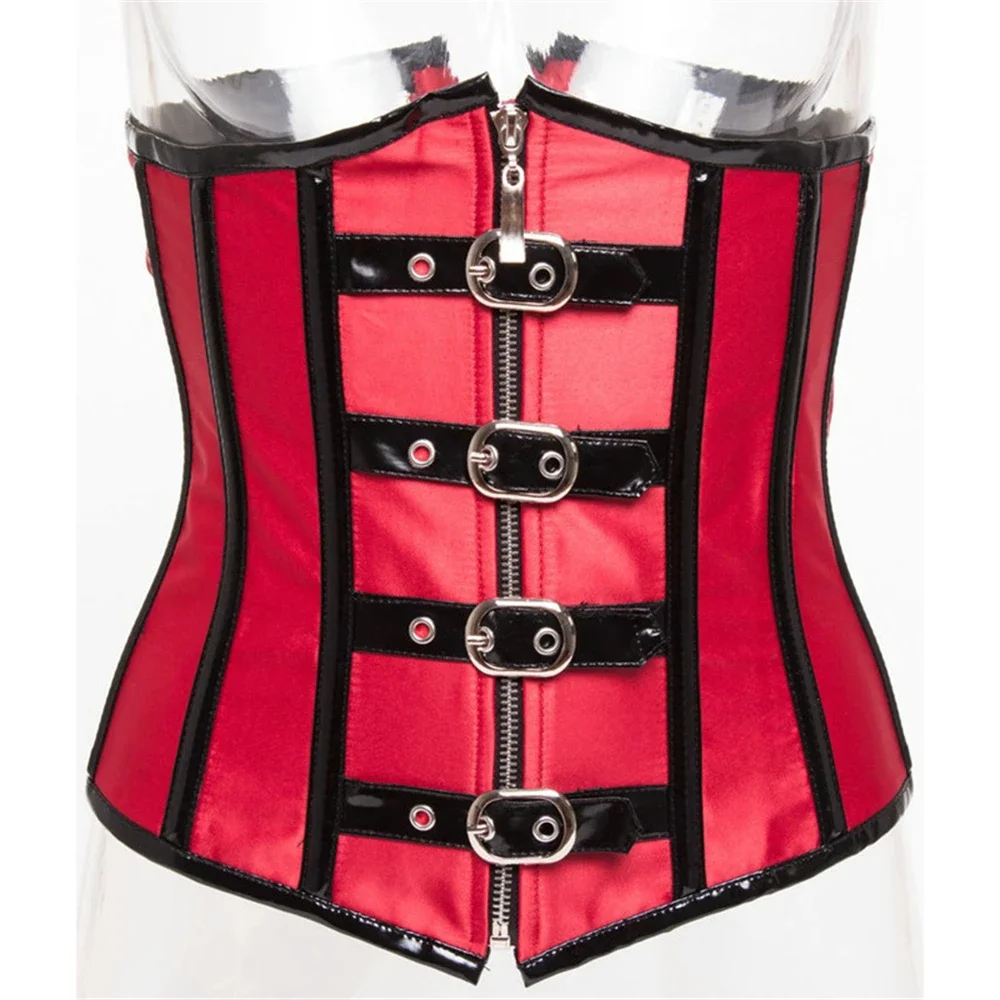 Red Vintage PU Leather Underbust Corset Top Women Shiny PVC Steampunk Bustiers Gothic Zip Waist Cincher Corselet Sexy Basques