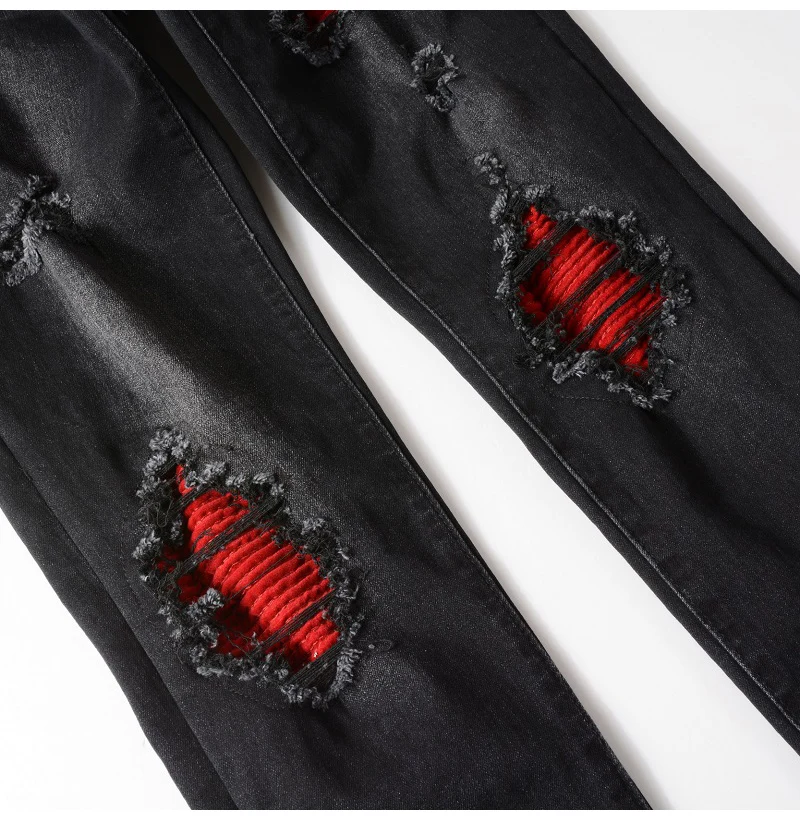 Herren Rote Rissige Plissierte Patchwork-Biker-Jeans Streetwear Stretch-Denim-Hose Skinny Tapered Schwarze Hose – Detail 9