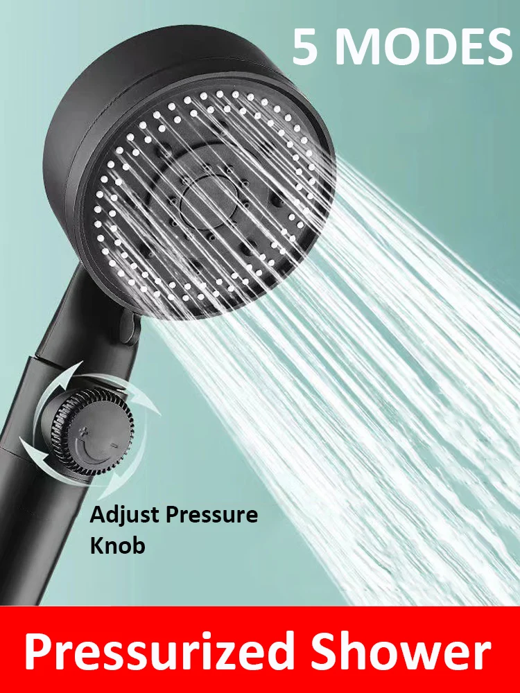 New 5 Modes Black Shower Head High Pressure Sprayer Nozzles with Adjust Pressure Knob Filter Showerhead Bathroom Accessories