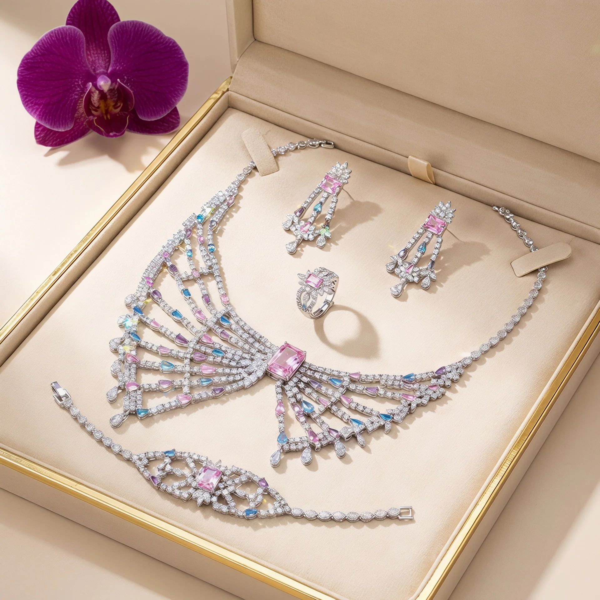 Luxury Bowknot Cubic Zirconia 4Pcs Jewelry Set Necklace Earrings Bracelet Ring CZ Bridal Wedding Party Accessories For Women