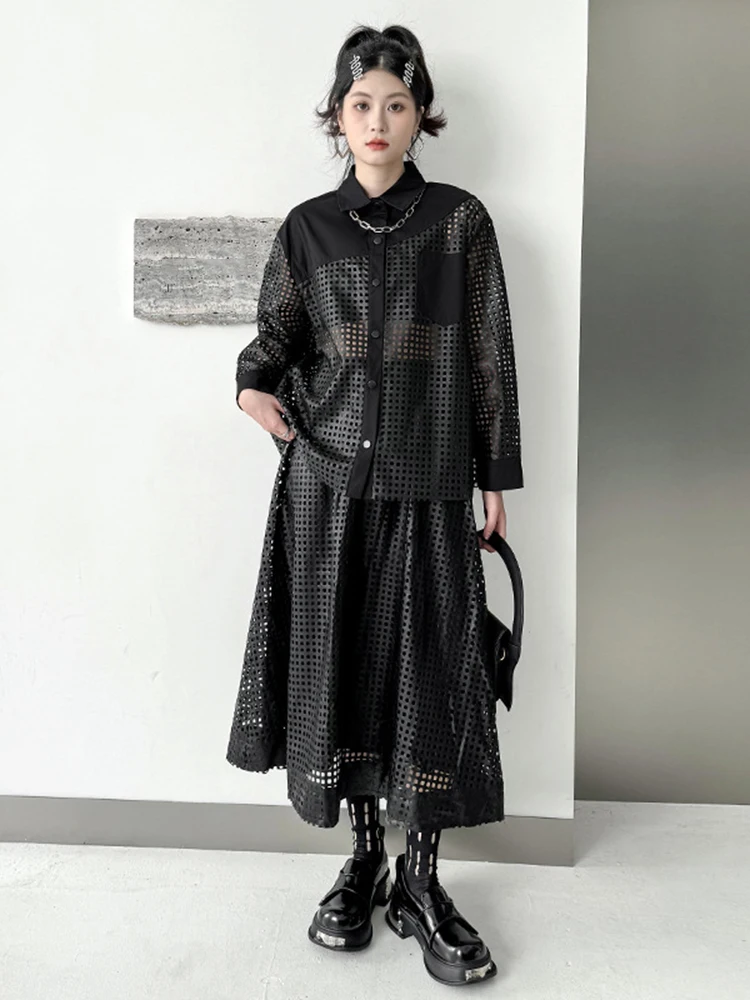 XITAO Hollow Out Dress Sets Black Loose Fashion Long Sleeve Turn-down Collar Top Skirt Two Pieces Sets Spring New Women DMJ3941