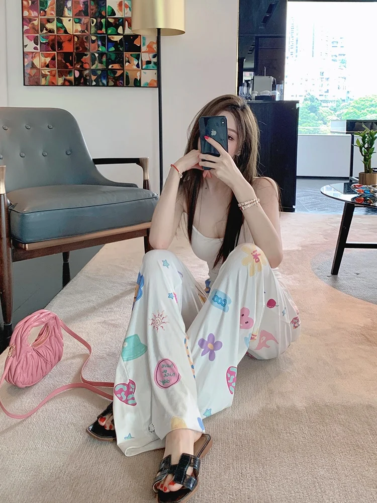 White Cartoon Print Loose Fit Casual Pants Elastic Waist Thin Summer Home Pants Draped Straight Leg Lazy Wide Leg Trousers