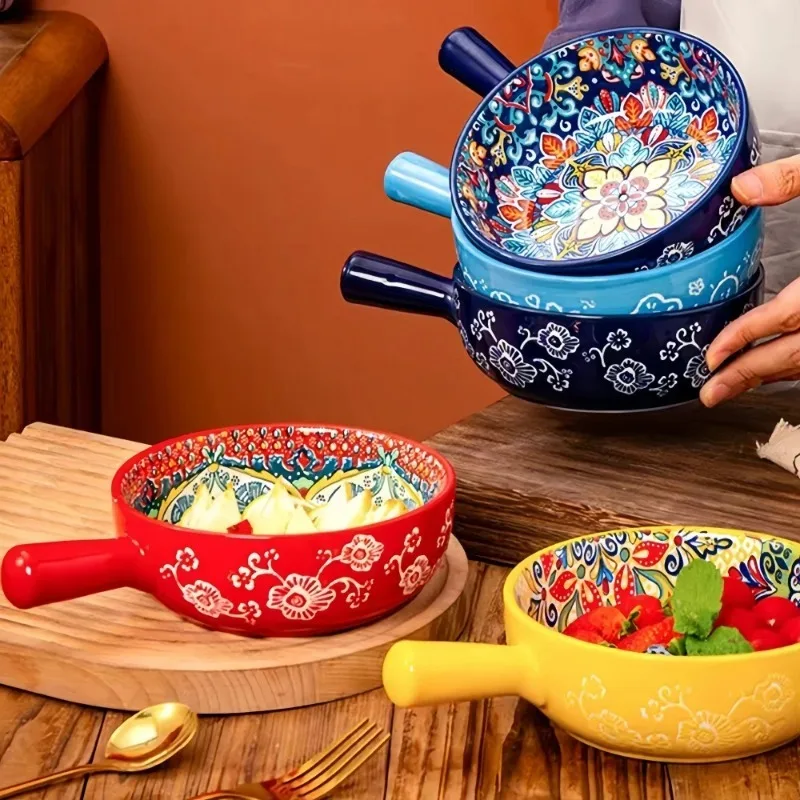 

Bohemian Ceramic Hand-Painted Embossed Patterned Salad Bowl Fruit Dessert Instant Noodle Bowl with Handle Kitchen Tableware
