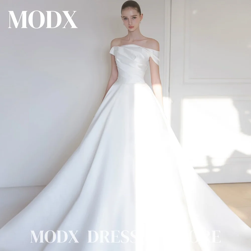 

MODX Elegant Off Shoulder A-line White Wedding Dresses Pleat Satin Bridal Gown Sweep Train Exquisite Robe De Mariée Bridal Dress