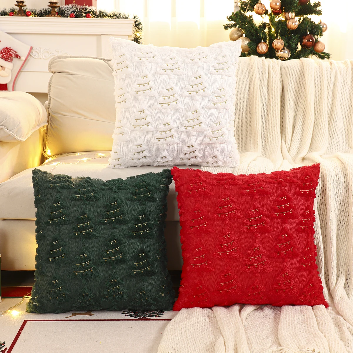 1PC Gold Pailletten Weihnachtsbaum Wurf Kissenbezug Winter Plüsch Stickerei Weihnachtsdekoration Wohnzimmer