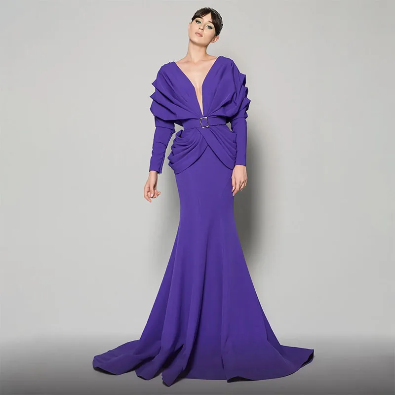 

2024 Fashion Mermaid Evening Dresses High V-neck Long Sleeve Elegant Formal Prom Dress Sash Sweep Train Satin Ruched Party Gown