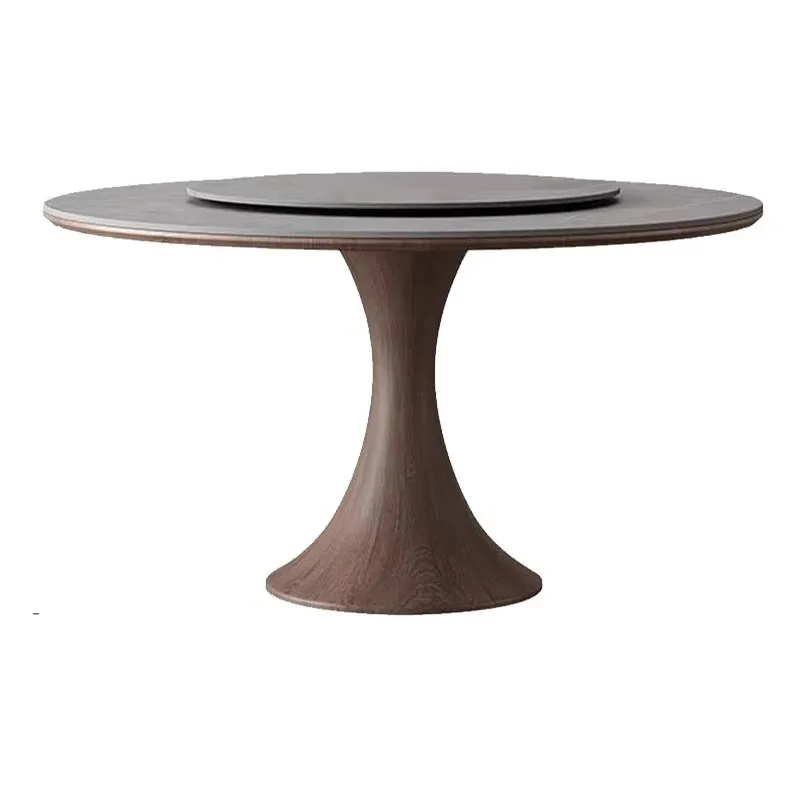 Sintered Stone Slab Dining Table for 12 Household Solid Wood Walnut Ribbon Embedded in Rotary Table Northern Europe Large Table