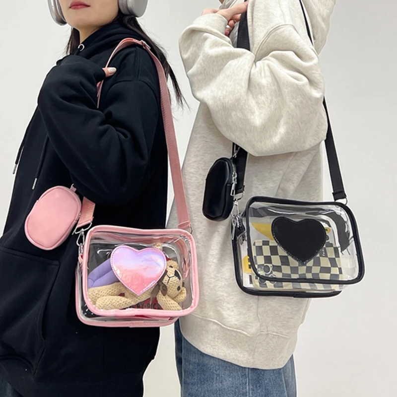 New Transparent PVC Fashion Women's Bag With Love Pattern Leisure Shoulder Bag Travel Belt Zero Wallet Versatile Crossbody Bag