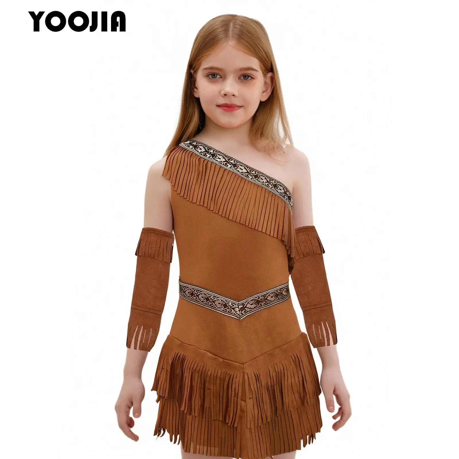 

Tassel Suede Girls Indian Native Cosplay Costume One Shoulder Fringe Dress with Sleeves Set for Halloween Indigenous Princess