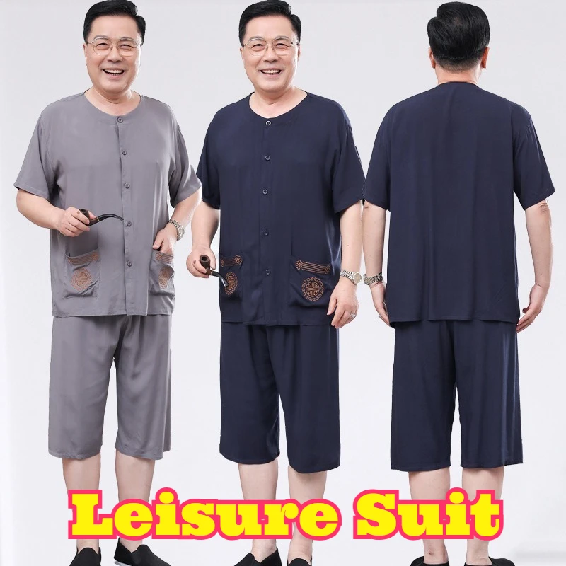 

Middle Aged Elderly Men Summer Cotton Silk Pajama Set Short Sleeve Shorts Cardigan Soft Loose Breathable Casual Home Loungewear