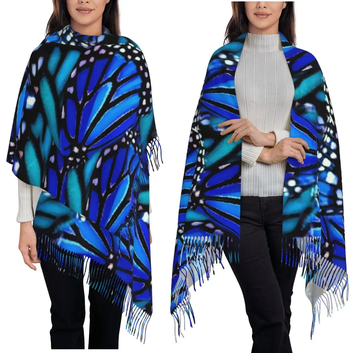 

Blue Monarch Butterfly Pattern Scarf Tassel Scarves Women Soft Warm Shawls and Wraps Long Fall Winter Shawl Wrap