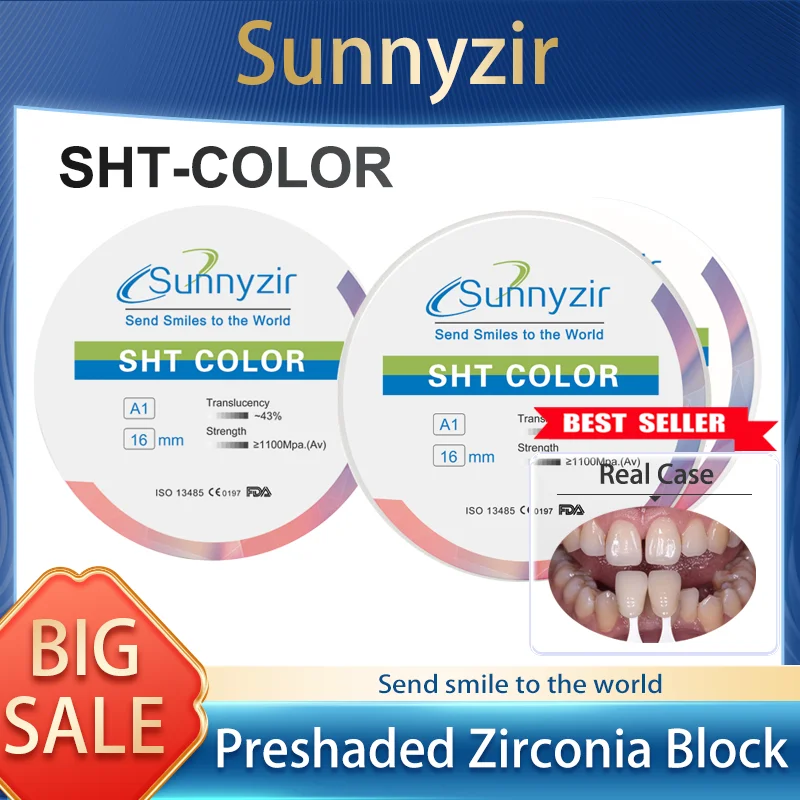 Preshaded Dental Zirconia Block Sunnyzir Flexural Strength Ultrasonid Dental CADCAM For Tooth Gems Zirconium Blank SHT