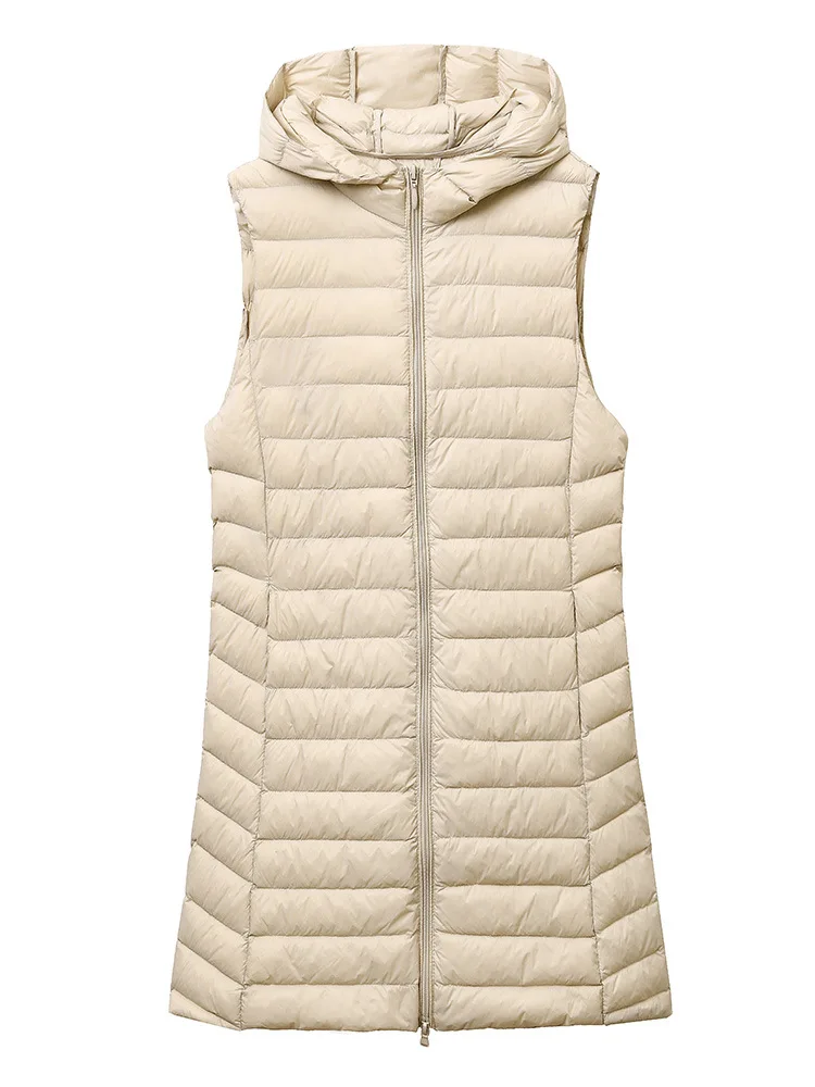 0-10 ℃   ผู้หญิงเสื้อกั๊ก 2025 ฤดูใบไม้ร่วงฤดูหนาว Ultralight เป็ดลงเสื้อแบบพกพา Hooded Quilted เสื้อแขนกุดปักเป้ายาว