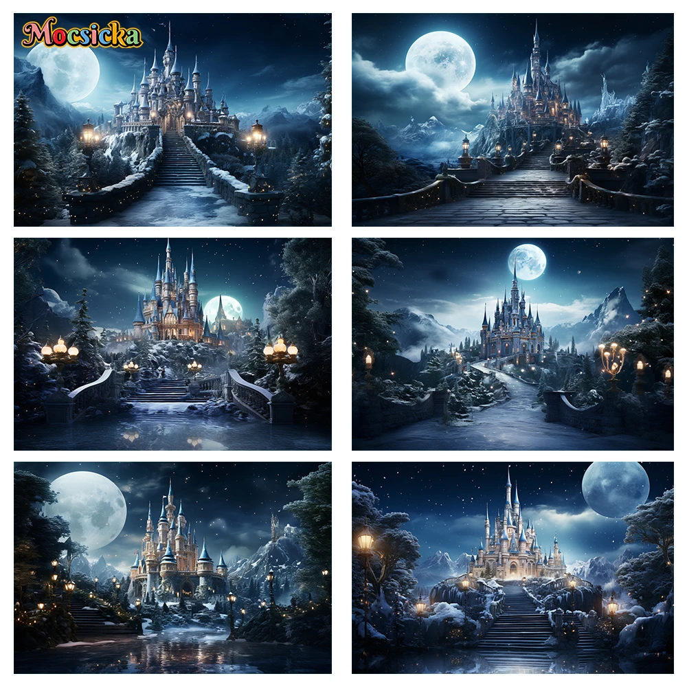 Mocsicka Winter Christmas Photography Background Princess Castle Moon Holiday Party Family Adult Photo Backdrops Studio Props