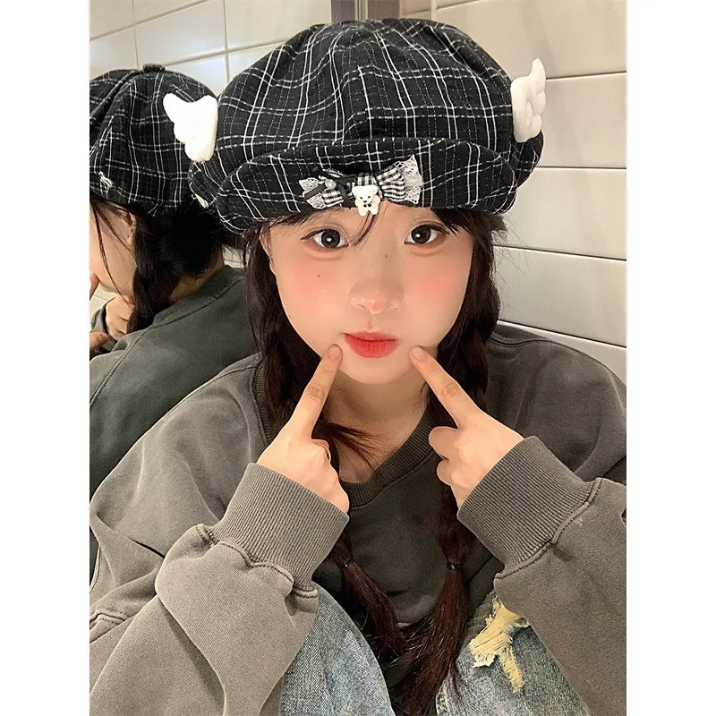 Kawaii Plaid Angel Wing Beret Women Cute Cartoon Bear Bow Octagonal Hat, Sweet Lolita Newsboy Cap for Girls