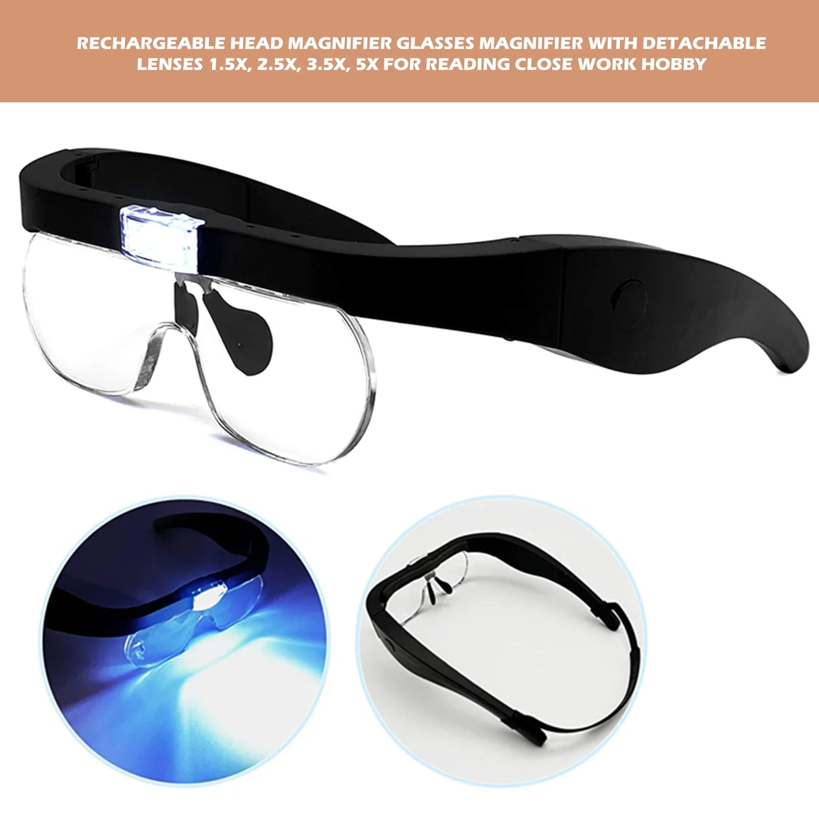 Rechargeable Head Magnifier Glasses Magnifier with Detachable Lenses 1.5X, 2.5X, 3.5X, 5X for Reading Close Work Hobby