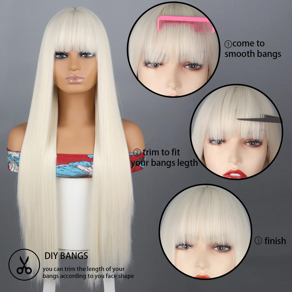 30 Inch Light Golden Bangs, Long Straight Synthetic Wig, Naturally Soft Hair， A Gift for A Good Friend