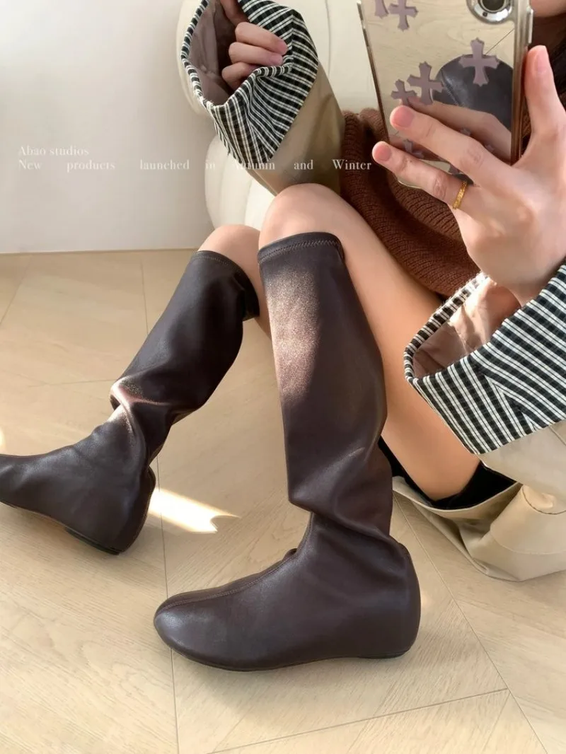 Fall women's high-top flat boots for workwear and warmth,stretch-fitting knight-style ankle boots,street style knee-length boots