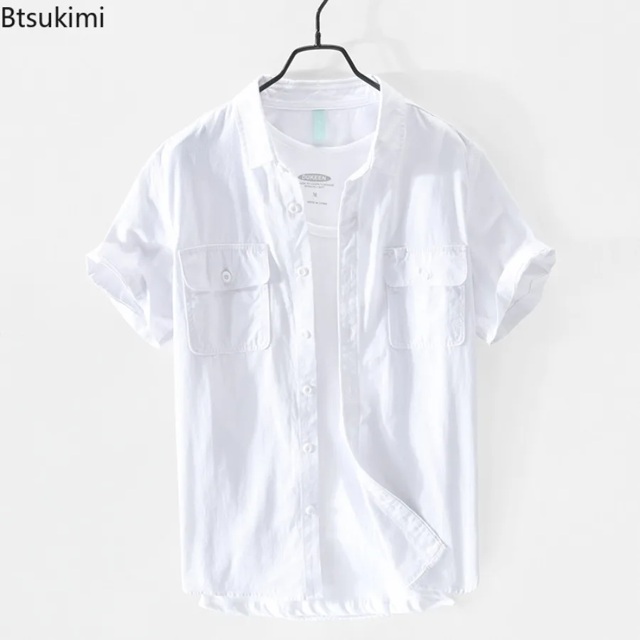 Summer Casual Short Sleeve Shirts for Men 2025 Fashion Simple Lapel Cardigan Double Pocket Design Men Cotton Vintage Shirt Coats