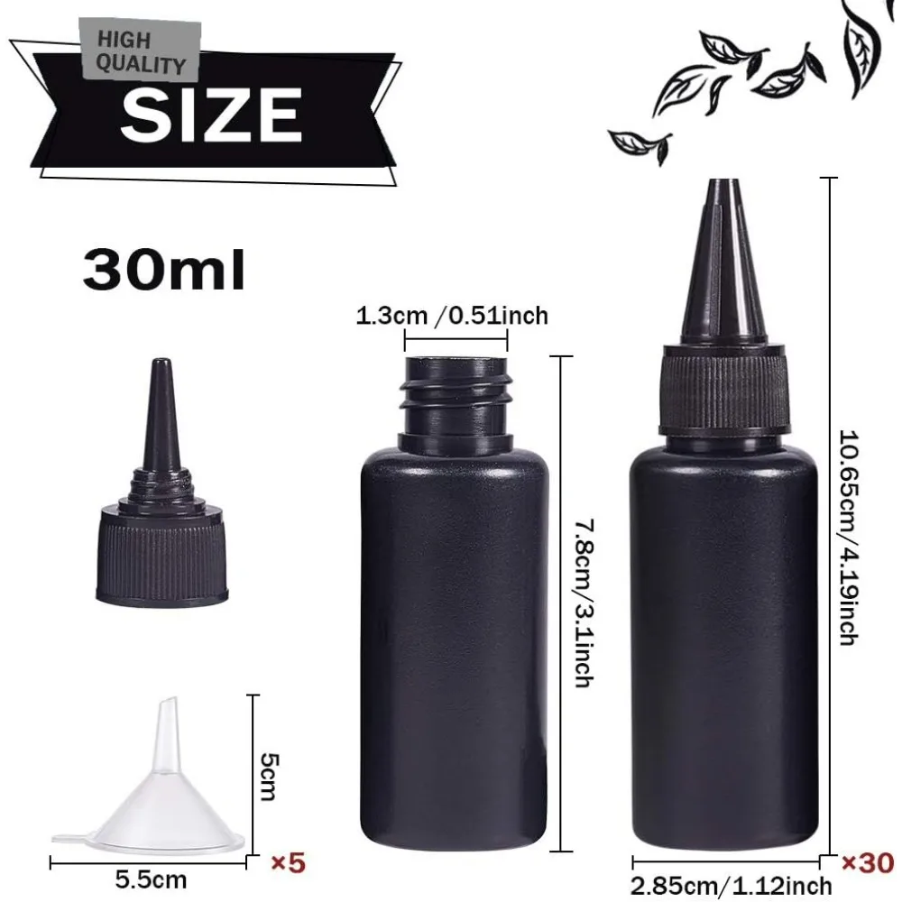 30 Packs 1oz Black Plastic Squeeze Dispensing Bottles UV Glue Bottles with Caps 5PCS Funnel Hoppers for UV Resin DIY Crafts