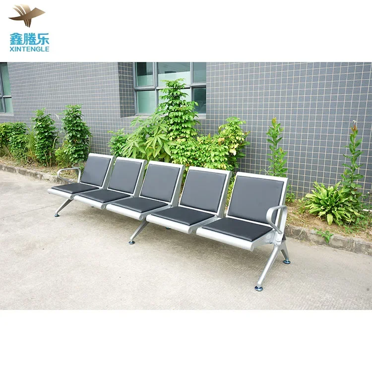 Outdoor Steel Gang Chair Seats With Optional PU Leather Cushion Three-Seat Tandem Bench For Airport Waiting For Outdoor Use