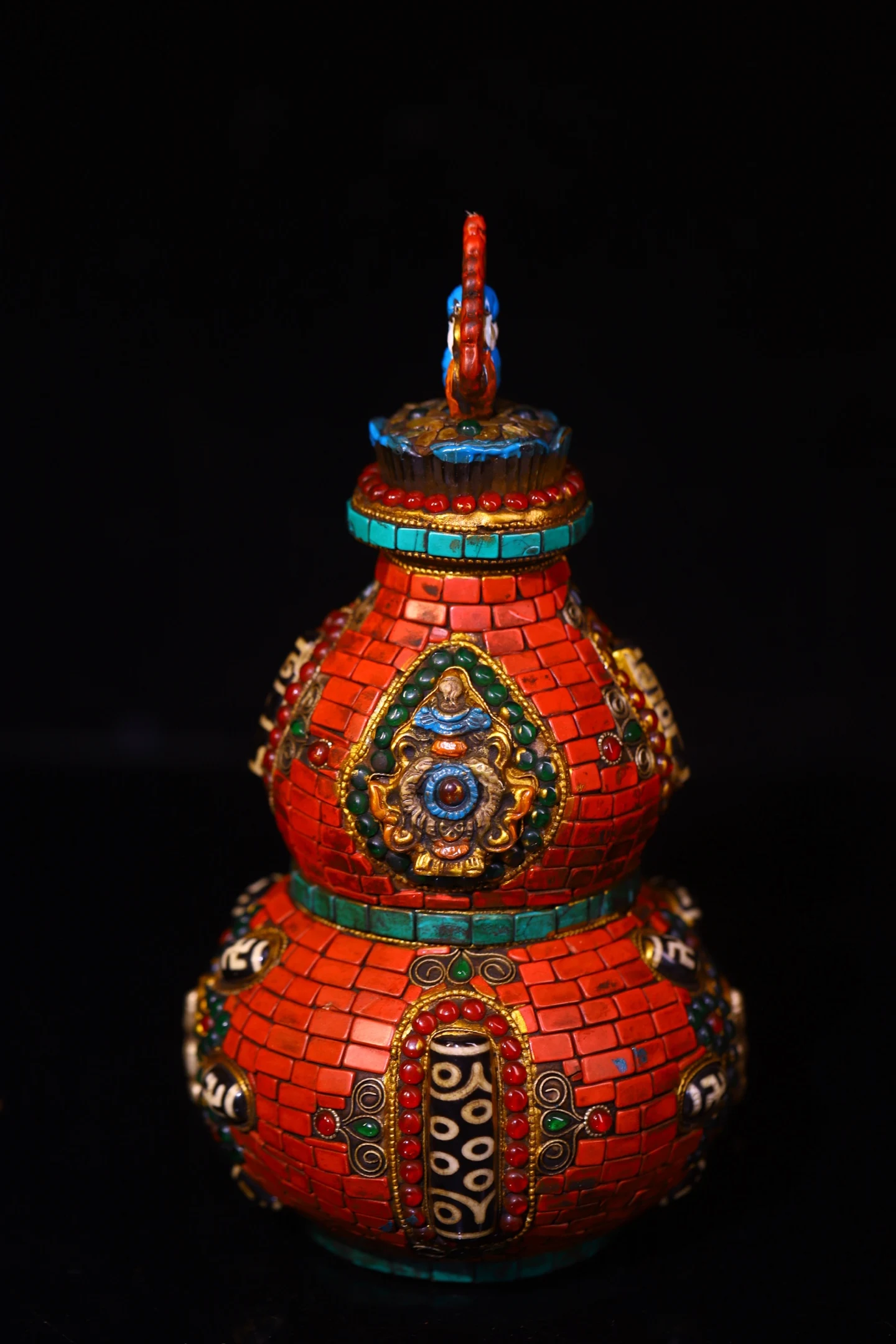 8"Old Crystal Painted Mosaic Gem gZi Beads Turquoise Shakyamuni Buddha calabash Town house Gourd Statue Amulet Worship Hall view 5