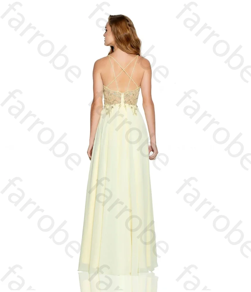 Customized Yellow Long Evening Dresses Chiffon Beaded With Diamond V Neck  A-Line Floor Length Backless Formal Prom Party Gowns