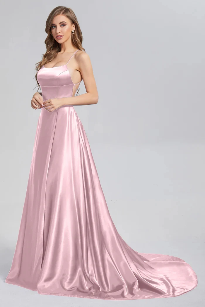 BABYONLINE Prom Dress Satin A-line Gown with Strappy Lace Up Back and High Skirt Slit Floor Length Wedding Bridesmaid Dresses