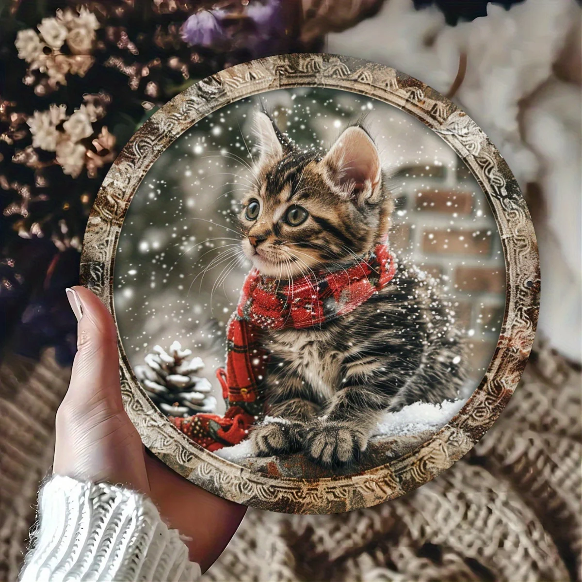 1 Stück, rundes Aluminiumschild mit Weihnachtskätzchen-Wärme, 20,3 x 20,3 cm, niedliche Wandkunst-Dekoration für Küche, Schlafzimmer, Wohnzimmer, Garten