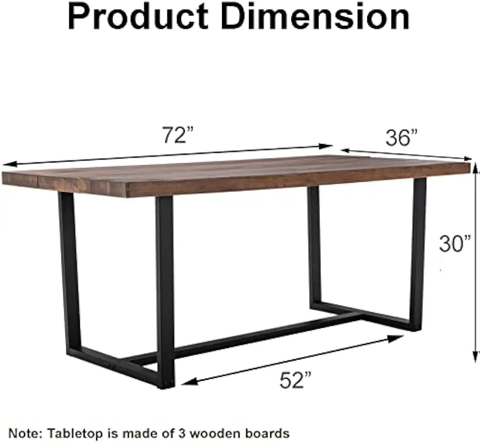 72 inch Wood Dining Table for 6 to 8, Industrial Rustic Rectangular Farmhouse Table with Steel Legs Metal Frame for Kitchen