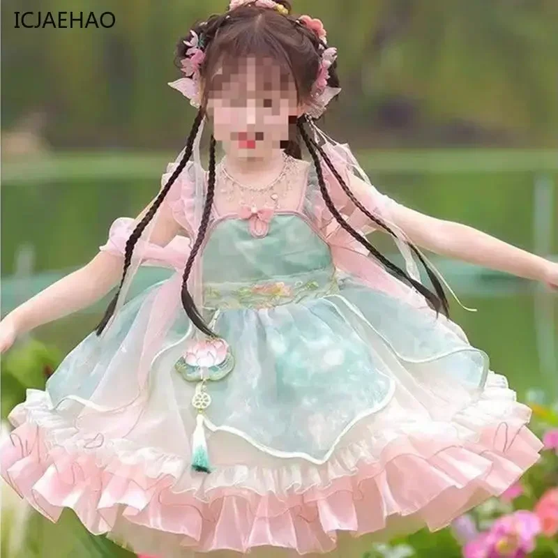 

ICJAEHAO 2024 Kids Girl Tulle Holiday Party Clothes Summer Fashion Girls Princess Dress Children Sleeveless Ruched Lolita Style