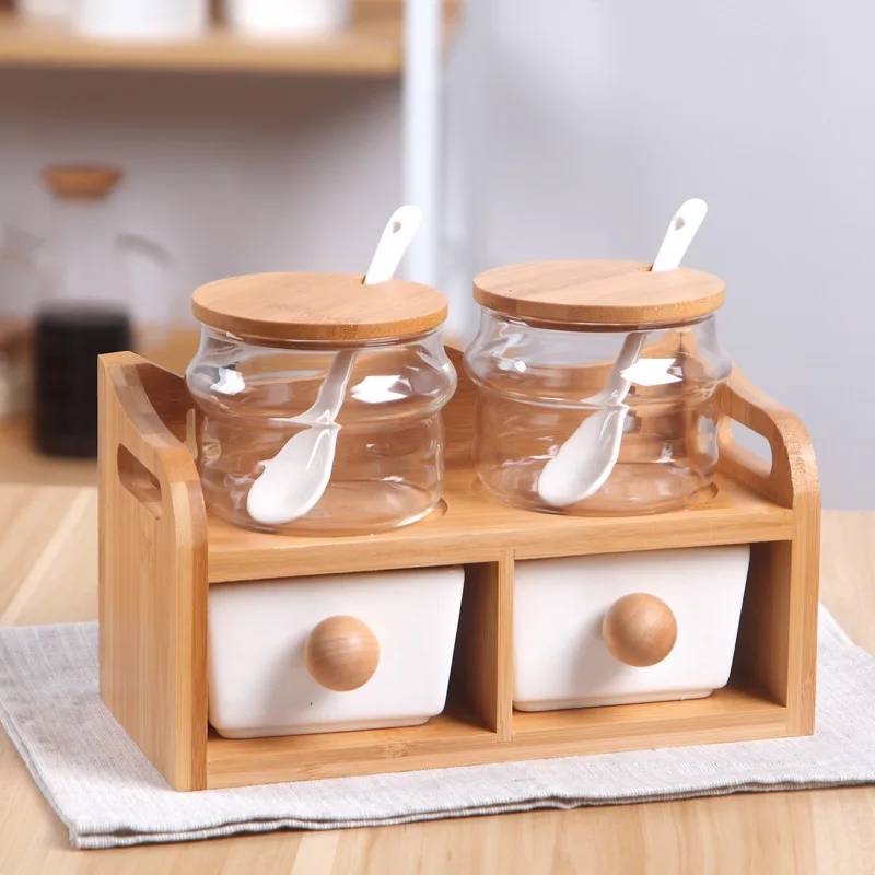 

Двухслойная керамическая банка для приправ с деревянной рамой, горшок для масла, бутылка соли, коробка для приправ, набор банок для специй, кухонный инструмент для хранения