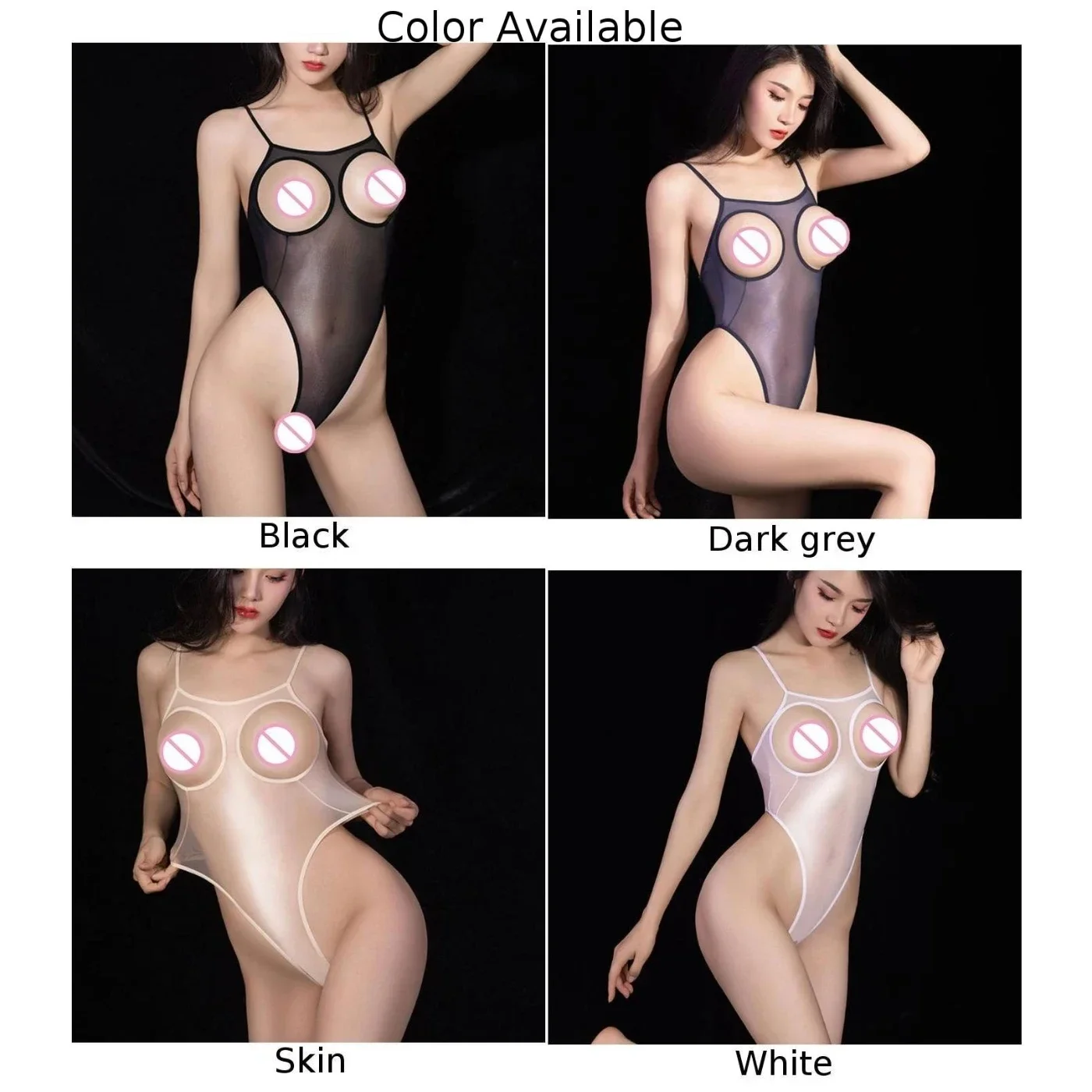 Women Open Cup Sex Bodysuit Oil Shiny Glossy High Cut Romper See Through Jumpsuit Silky Erotic Lingerie Hollow Out Stockings