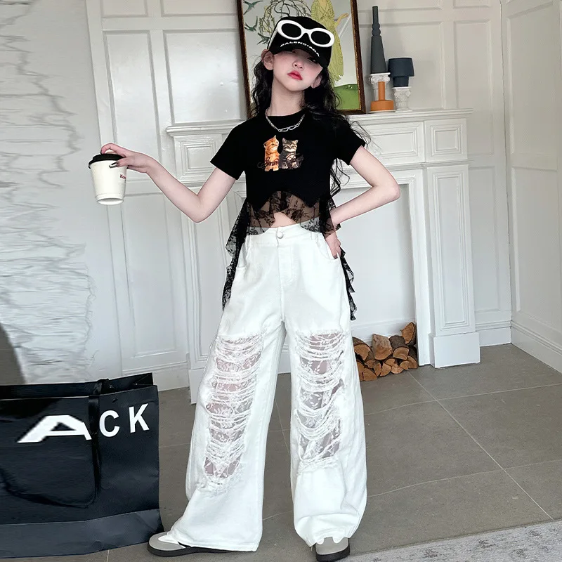 Girls Summer New Irregular Lace Splice T Shirt + Lace Splice Ripped Jeans 2PCS Set Children's Clothes Fashion Teen Kids Outfits