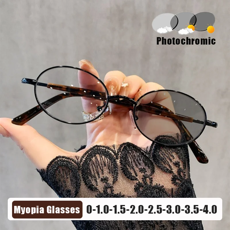 

Metal Frame Photochromic Blue Light Blocking Myopia Glasses Women's INS Style Small Oval Frame Minus Diopter Eyeglasses